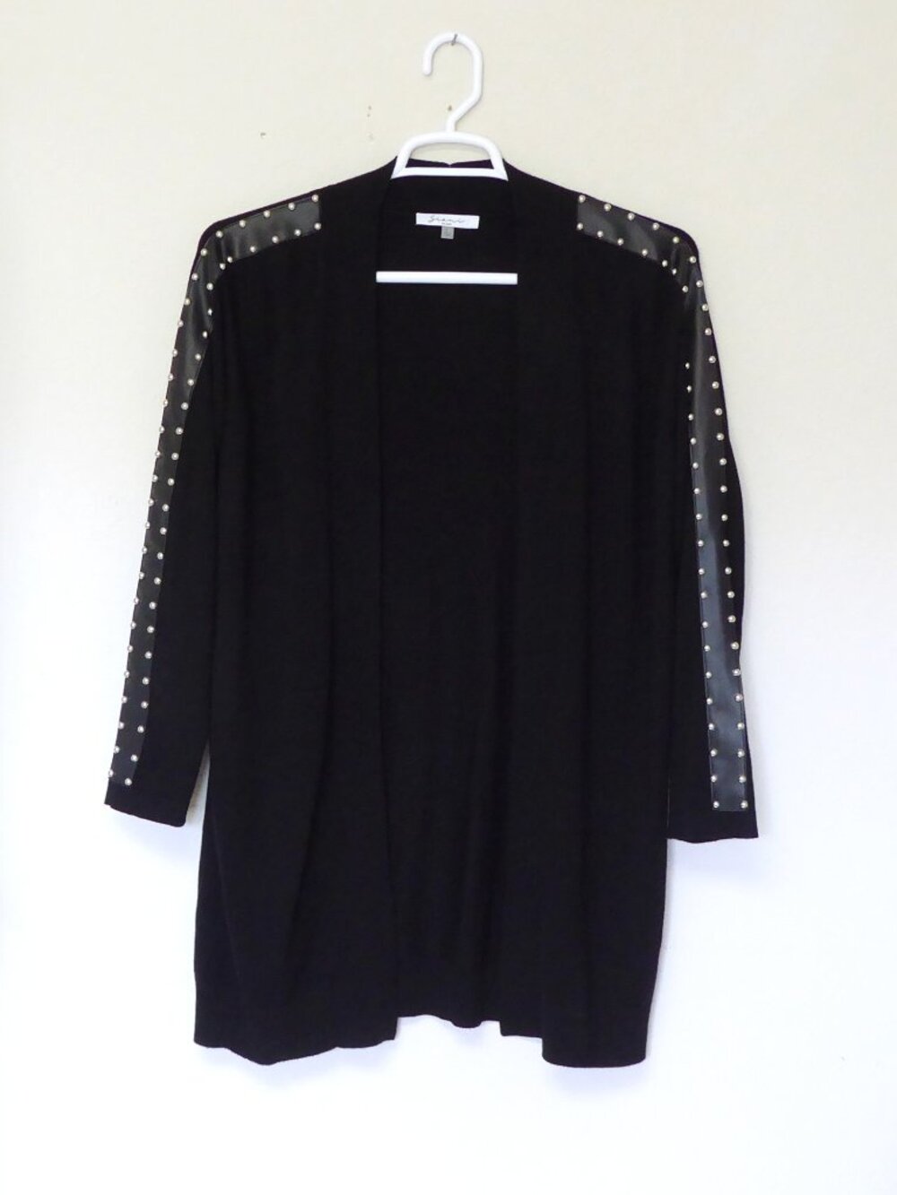 Sioni black long sleeve cardigan silver studded faux leather sleeves size large